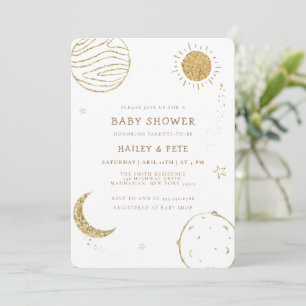 Invitación Glitter Gold Elegante Galaxia Luna Estrella Baby S