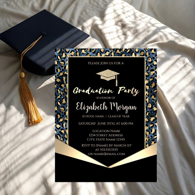 Invitación Glitter Grad Cap,Glitter Blue Leopard Graduation  (Subido por el creador)