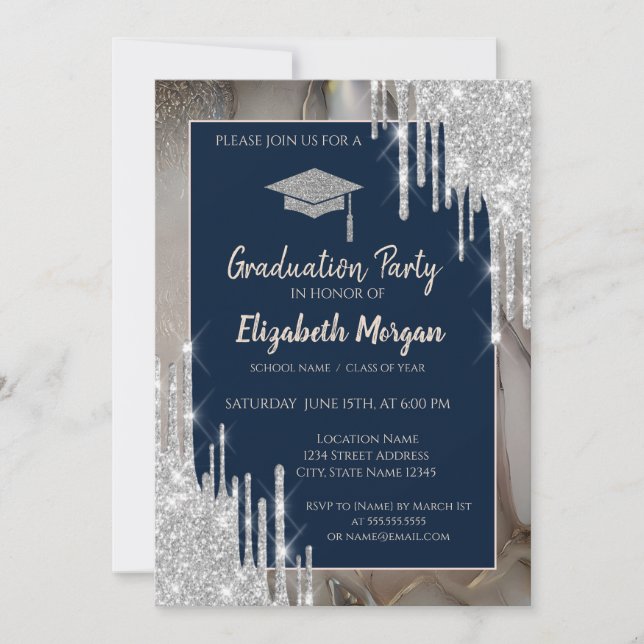 Invitación Glitter GradCap,Silver Drips,Marble Navy Blue (Anverso)