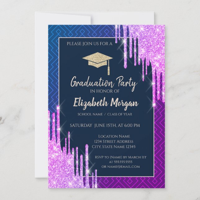 Invitación Glitter Graduation Cap,Drips Geometric Graduation (Anverso)