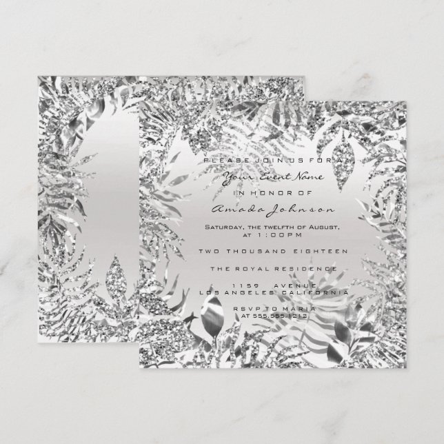 Invitación Glitter gris plateadoMarco blanco de hoja tropical (Anverso / Reverso)