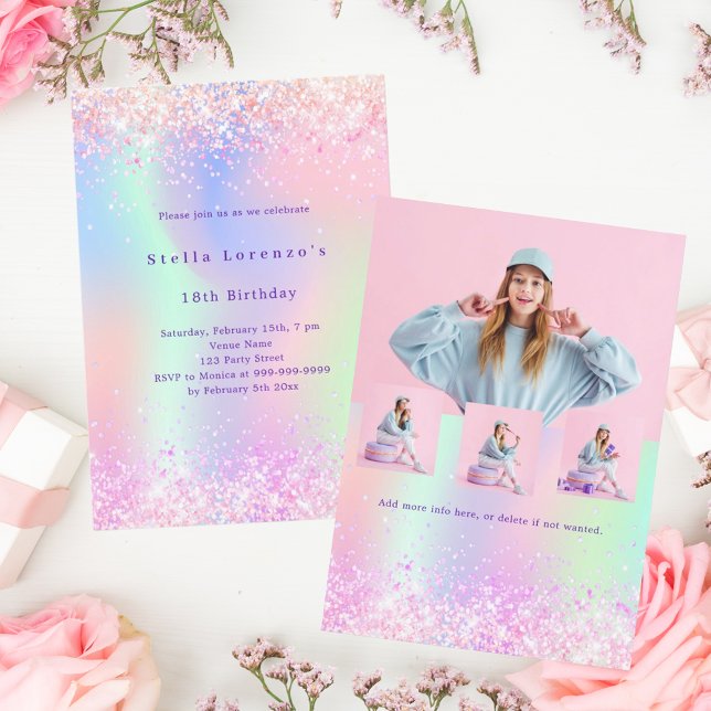 Invitación Glitter holográfico rosa foto lujo cumpleaños (Subido por el creador)