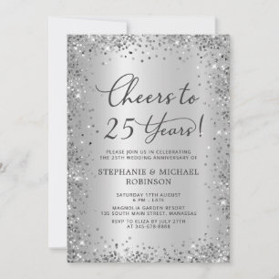 Invitación Glitter Metálico Plateado 25 Aniversario de Bodas