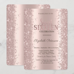 Invitación Glitter Moderno Confeti Rosa Dorado Cumpleaños 16