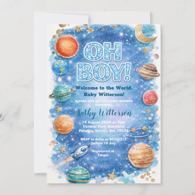 Invitación Glitter Moon Stars Galaxy Baby Shower (Anverso)