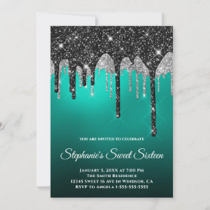 Invitación Glitter Negro Plateado Turquesa Verde Acuario Ombr