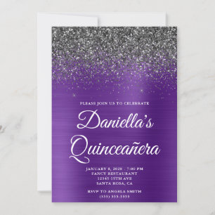 Invitación Glitter Negro Purpura Real Foil Quinceañera