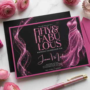 Invitación Glitter Negro Rosa 50 y Fabuloso Cumpleaños Elegan