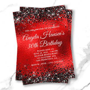Invitación Glitter Negro Vidrio Hoja Roja Cumpleaños 30