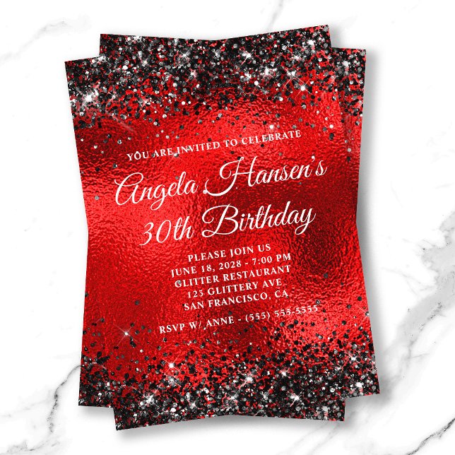 Invitación Glitter Negro Vidrio Hoja Roja Cumpleaños 30 (Black Glitter Red Glass Foil 30th Birthday Invitation)