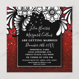 Invitación Glitter Ombre de destellos Rojo Rubí Floral elegan