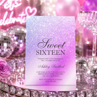 Invitación Glitter Ombre Metálico Morado Rosa Chic Cumpleaños