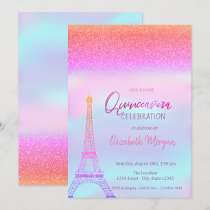Invitación Glitter Ombre, Torre Eiffel holográfica Quinceañer
