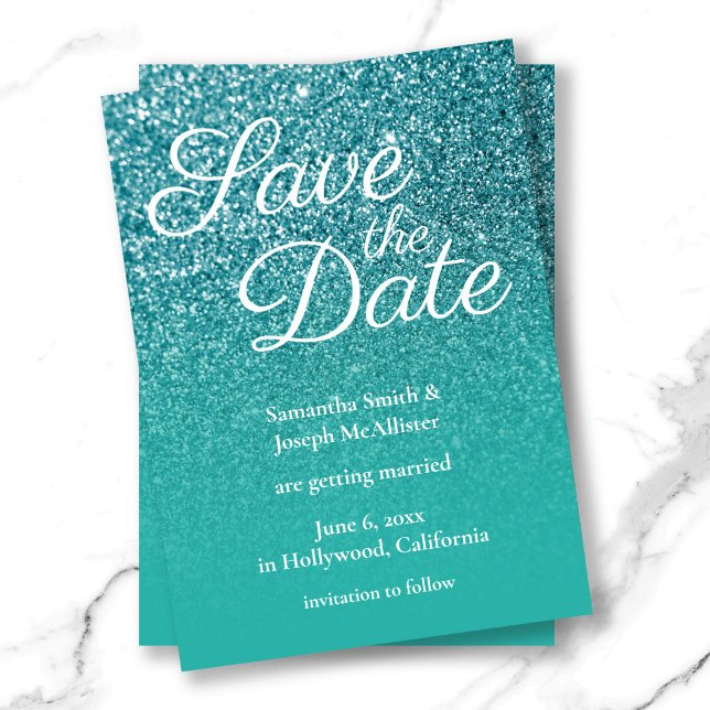 Invitación Glitter Ombre Turquesa Verde Ahorra la Fecha (Teal Turquoise Ombre Glitter Save the Date Invitation)