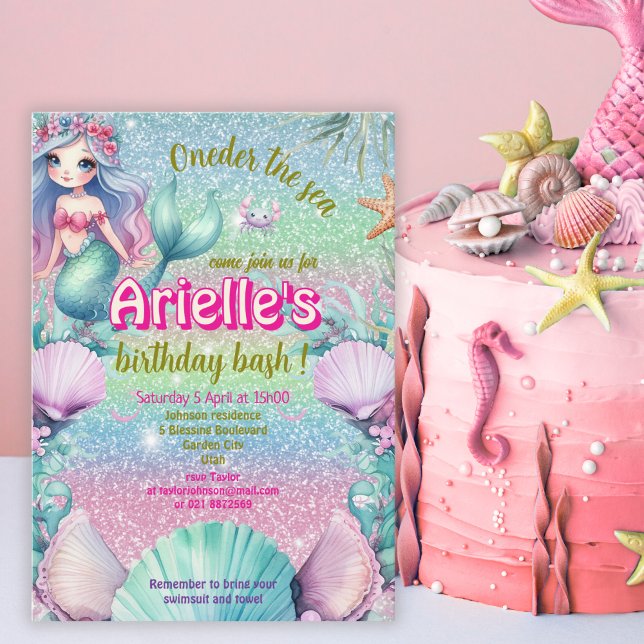 Invitación Glitter Oneider el mar Cumpleaños de sirena (Subido por el creador)