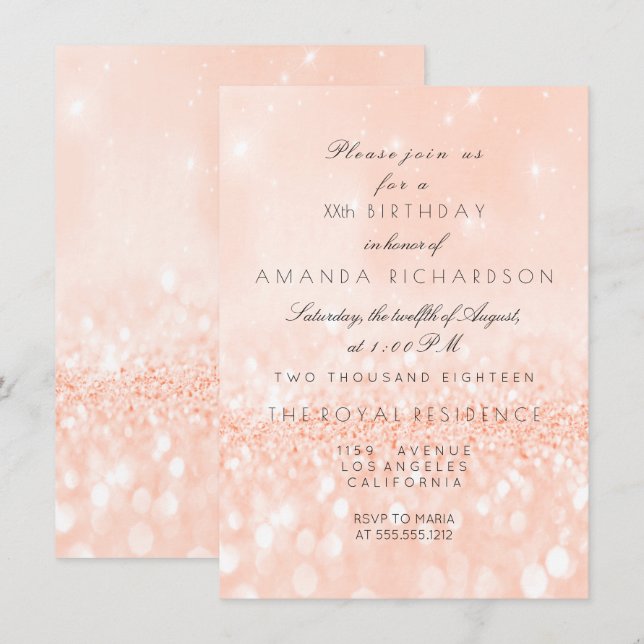 Invitación Glitter Pastel Coral Melocotón Femenino Boda Cumpl (Anverso / Reverso)