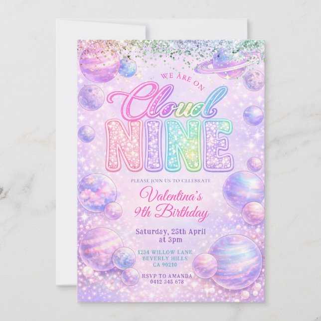 Invitación Glitter Pastel Rainbow Space Birthday Party (Anverso)