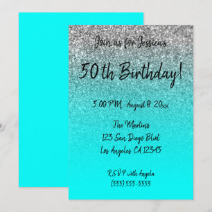 Invitación Glitter Plateado Falso Aqua Ombre 50 Cumpleaños