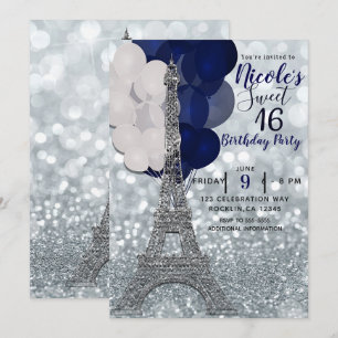 Invitación Glitter plateado globos azules torre Eiffel París