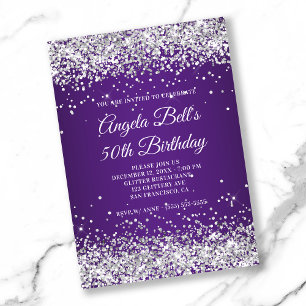 Invitación Glitter Plateado Royal Púrpura Ombre 50 Cumpleaños