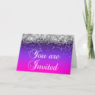 Invitación Glitter Plateado Violeta Rosa Ombre Estás Invitado