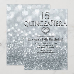 Invitación Glitter Princess Silver 15 Fiesta de Quinceañera