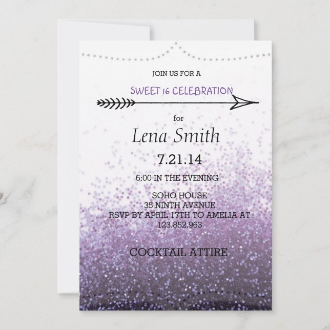 Invitación Glitter Purple Sweet 16 / Fiesta de Cóc (Anverso)