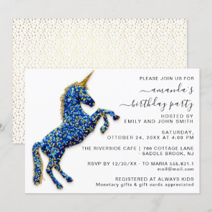 Invitación Glitter Real Dorado Unicornio Caballo Azul Princes