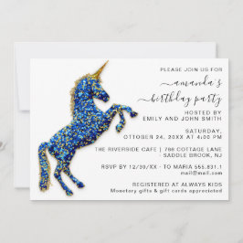 Invitación Glitter Real Unicornio Azul Princesa Caballo Royal