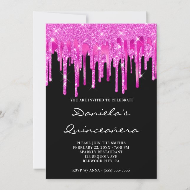 Invitación Glitter Rosa Caliente con Drips de Hoja de Quincea (Anverso)