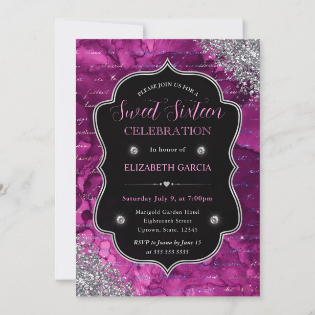 Invitación Glitter Rosa Profundo Letras Sirena Sweet 16 (Anverso)