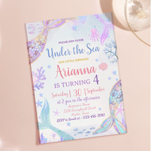 Invitación Glitter Rosa Purpúrea Pastel Sirena Cumpleaños Niñ