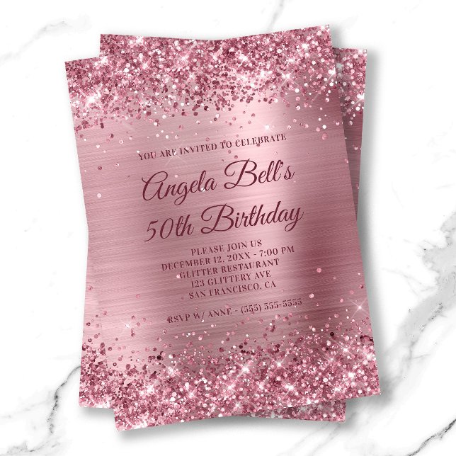 Invitación Glitter rosa y hoja de aluminio cepillado Cumpleañ (Pink Glitter and Brushed Foil 50th Birthday Invitation)