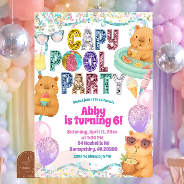Invitación Glitter Sequin Capybara Pool Party Birthday invita (Subido por el creador)