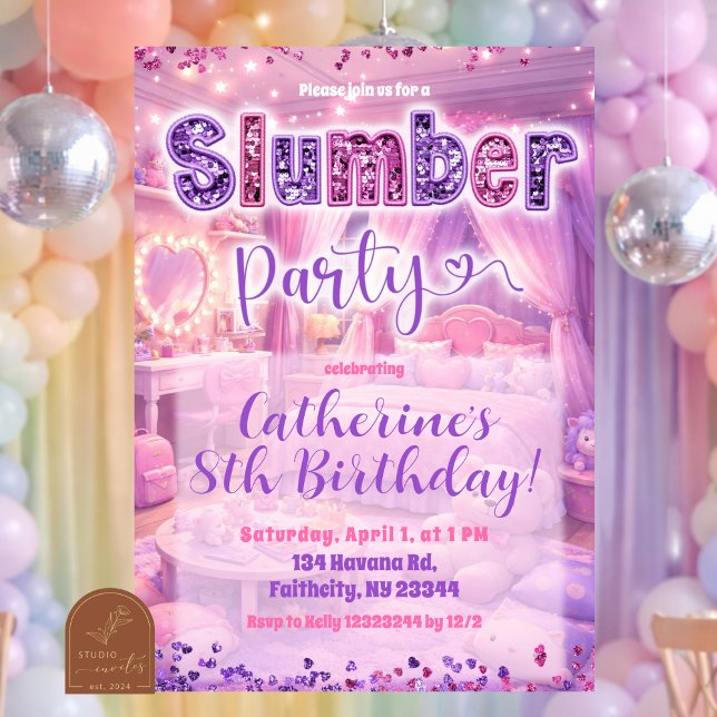 Invitación Glitter Sequin Pink Purple Sleepover Party (Subido por el creador)