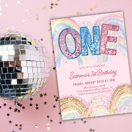 Invitación Glitter Sequin Rainbow 1st Birthday Invitation