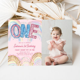 Invitación Glitter Sequin Rainbow 1st Birthday Photo