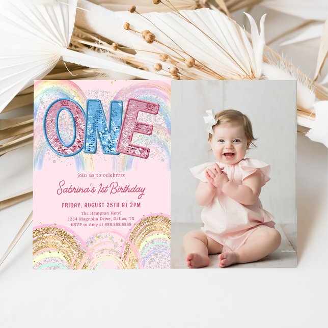 Invitación Glitter Sequin Rainbow 1st Birthday Photo (Subido por el creador)