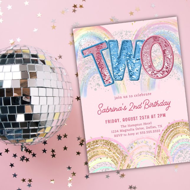 Invitación Glitter Sequin Rainbow 2nd Birthday Invitation (Subido por el creador)