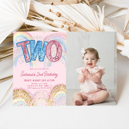 Invitación Glitter Sequin Rainbow 2nd Birthday Photo