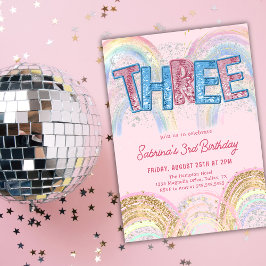 Invitación Glitter Sequin Rainbow 3rd Birthday Invitation