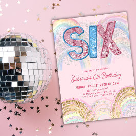 Invitación Glitter Sequin Rainbow 6th Birthday Invitation