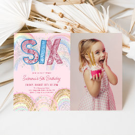 Invitación Glitter Sequin Rainbow 6th Birthday Photo