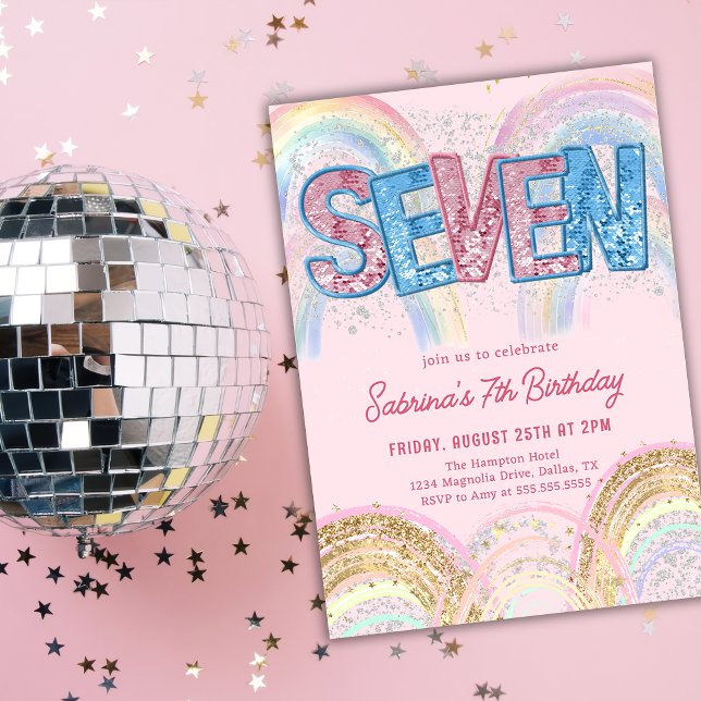 Invitación Glitter Sequin Rainbow 7th Birthday Invitation (Subido por el creador)