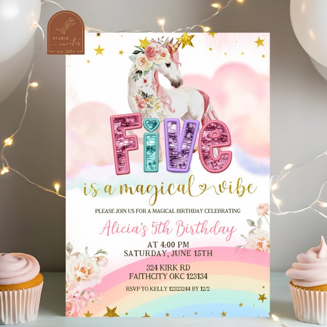 Invitación Glitter Sequin Unicornio Mágico 5to Cumpleaños (Subido por el creador)