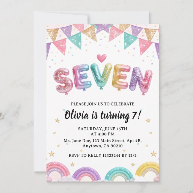 Invitación Glitter SEVEN Girly Rainbow Sequin 7th Birthday (Anverso)