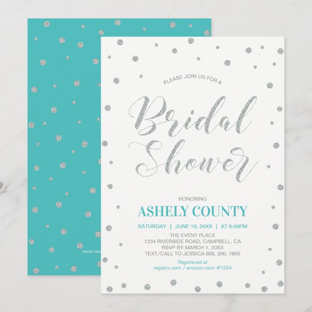 Invitación Glitter Silver & Tiffany | Boda de Novia Moderna (Anverso / Reverso)