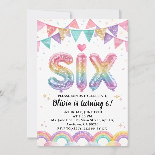Invitación Glitter SIX Girly Rainbow Sequin 6th Birthday (Anverso)