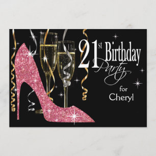 Invitación Glitter Stiletto Champagne Cumpleaños 21 Rosa