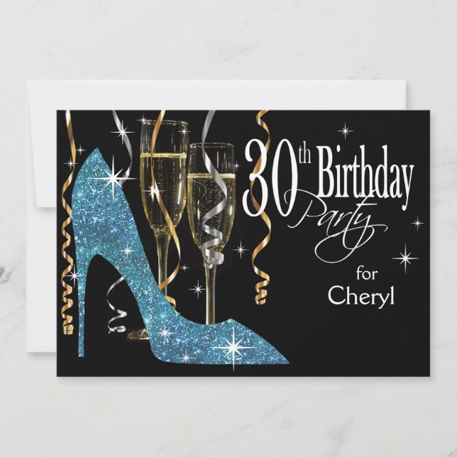 Invitación Glitter Stiletto Champagne Cumpleaños 30 bebé azul (Anverso)